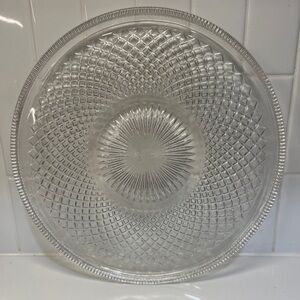 Vintage Round Glass Serving or Cake Plate Sunburst Diamond Pattern Clear 10”